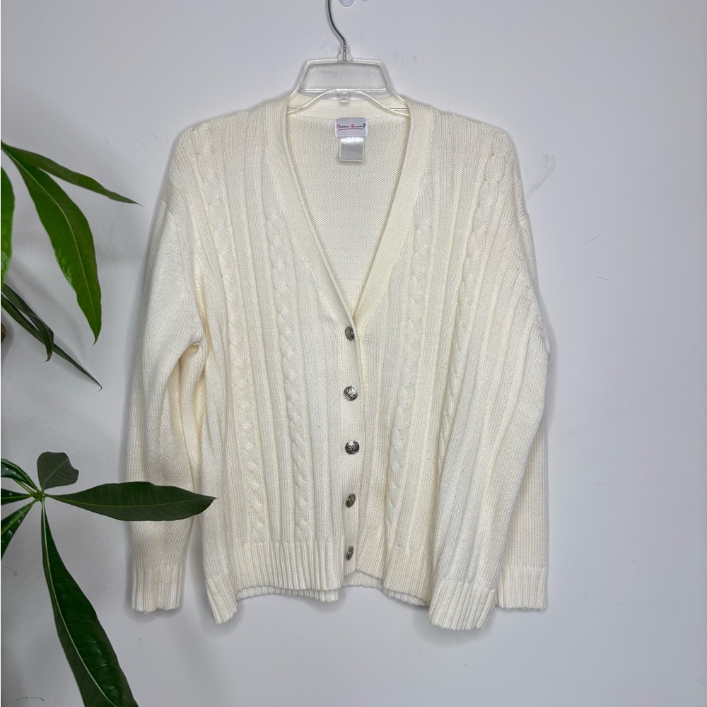 BN12 Bobbie Brooks Old Money Cream Grandpa Cardigan Fisherman Cable Knit Large